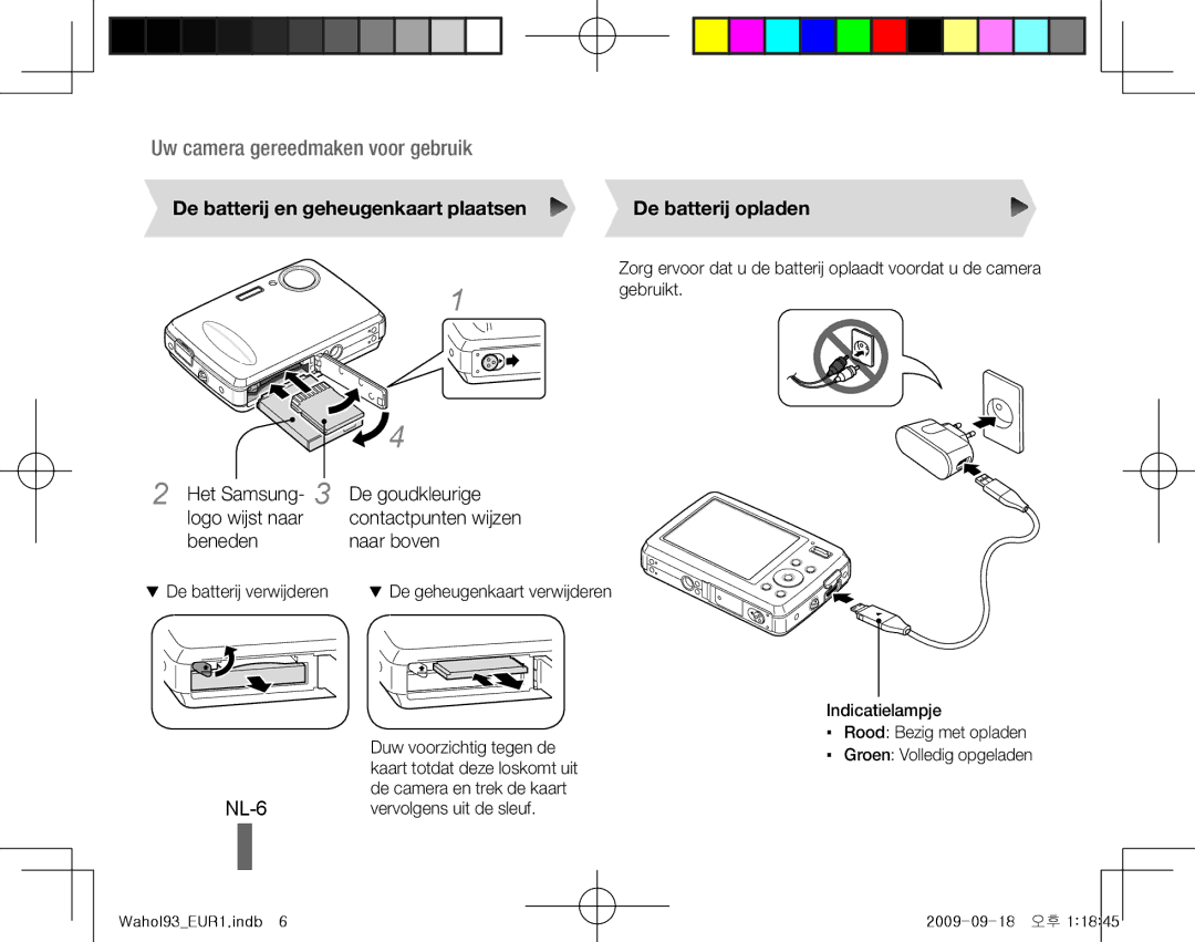 Samsung EC-PL10ZSBP/ME manual NL-6, De batterij en geheugenkaart plaatsen, Het Samsung De goudkleurige Logo wijst naar 