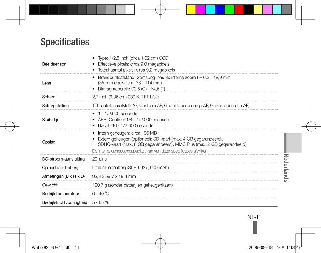 Samsung EC-PL10ZSBP/VN, EC-PL10ZRBP/FR Specificaties, NL-11, Beeldsensor Lens Scherm Scherpstelling Sluitertijd Opslag 