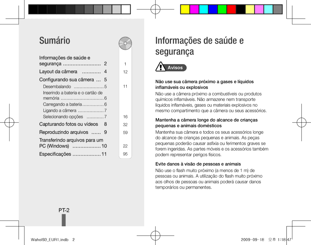 Samsung EC-PL10ZBBP/VN Sumário, Informações de saúde e segurança, PT-2, Informações de saúde e Segurança………………………, Avisos 