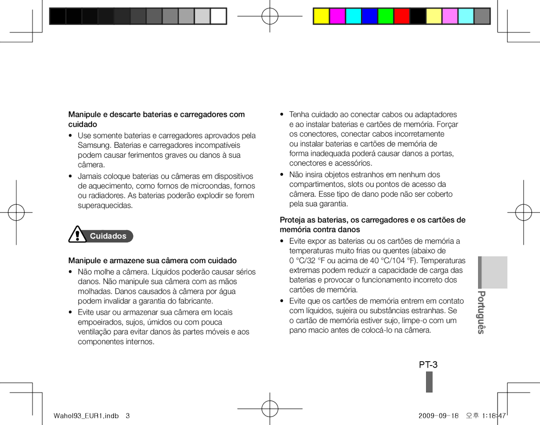 Samsung EC-PL10ZPBP/VN, EC-PL10ZRBP/FR, EC-PL10ZPBP/FR, EC-PL10ZLBP/FR, EC-PL10ZSBP/IT, EC-PL10ZRBP/IT manual PT-3, Cuidados 