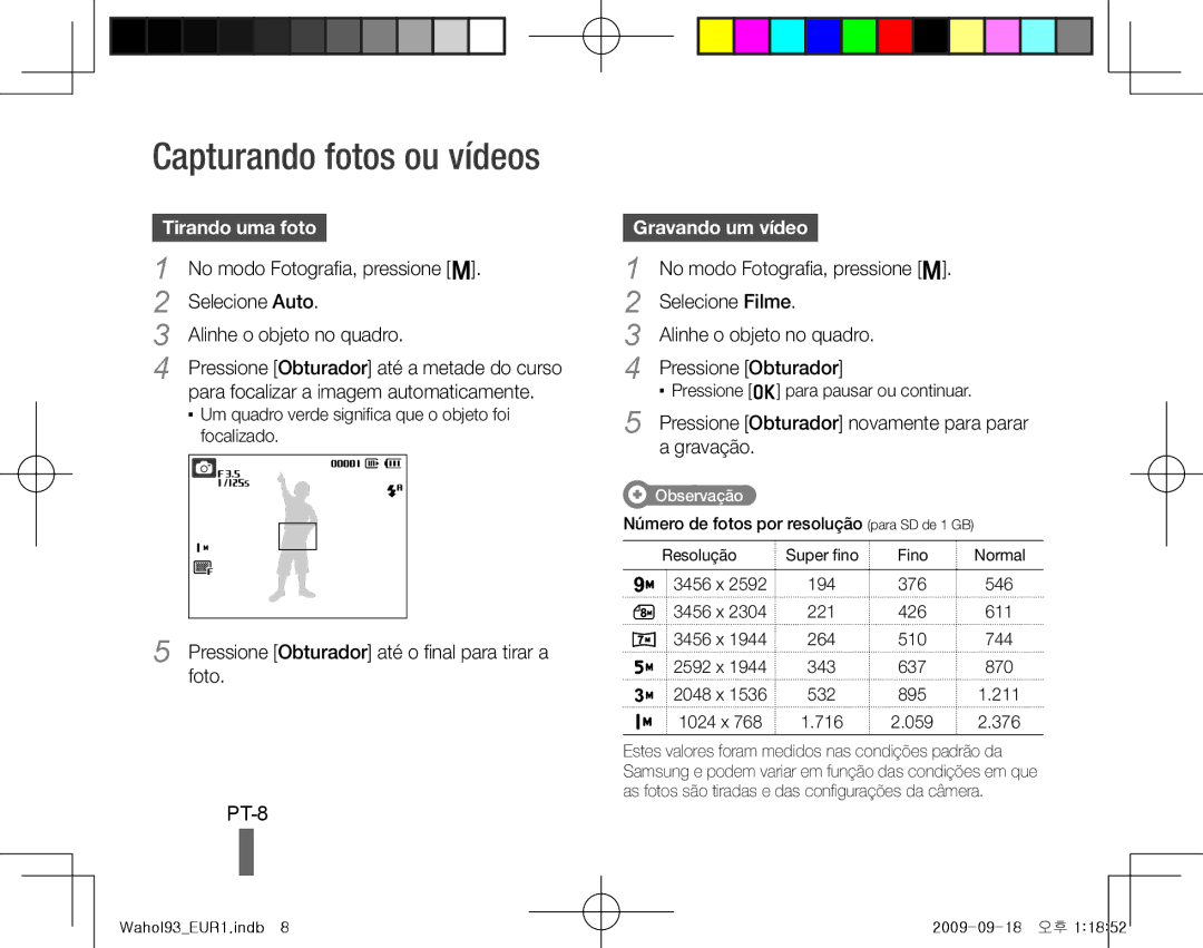 Samsung EC-PL10ZRBP/E3, EC-PL10ZRBP/FR manual Capturando fotos ou vídeos, PT-8, Tirando uma foto, Gravando um vídeo 