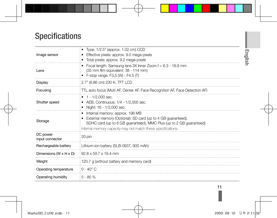 Samsung EC-PL10ZLBP/ME, EC-PL10ZRBP/FR, EC-PL10ZPBP/FR, EC-PL10ZLBP/FR, EC-PL10ZSBP/IT, EC-PL10ZRBP/IT manual Specifications 