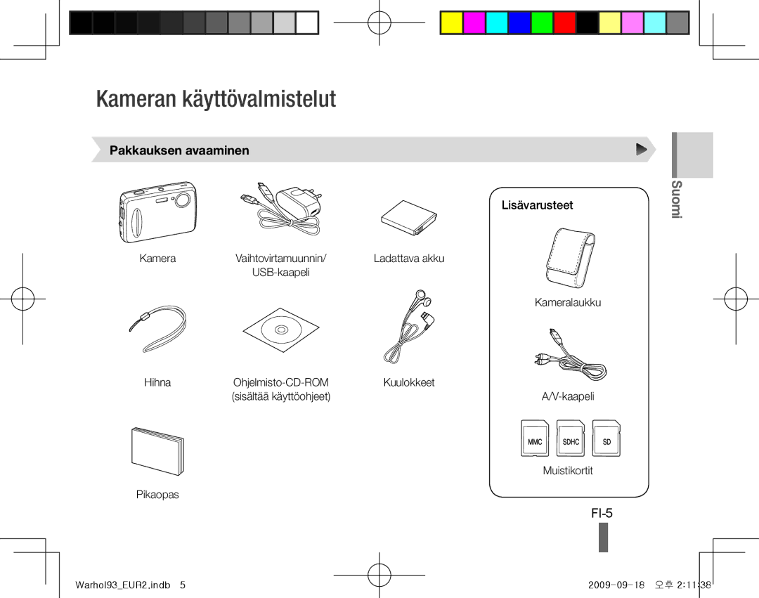 Samsung EC-PL10ZSBP/ME, EC-PL10ZRBP/FR, EC-PL10ZPBP/FR Kameran käyttövalmistelut, FI-5, Pakkauksen avaaminen, Lisävarusteet 