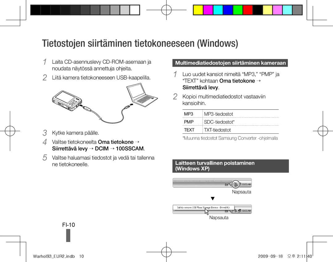 Samsung EC-PL10ZSBP/VN Tietostojen siirtäminen tietokoneeseen Windows, FI-10, Multimediatiedostojen siirtäminen kameraan 