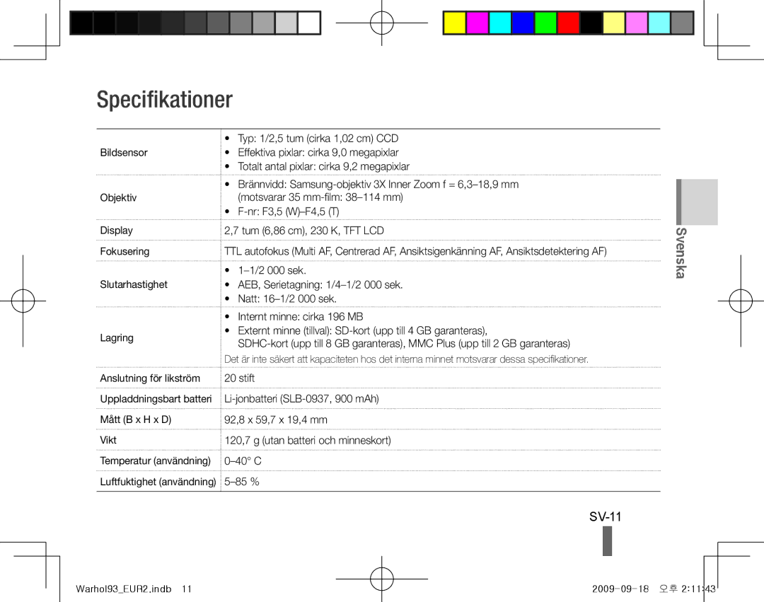 Samsung EC-PL10ZBBP/RU, EC-PL10ZRBP/FR, EC-PL10ZPBP/FR, EC-PL10ZLBP/FR, EC-PL10ZSBP/IT, EC-PL10ZRBP/IT Specifikationer, SV-11 