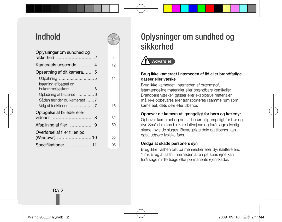 Samsung EC-PL10ZRBA/RU, EC-PL10ZRBP/FR, EC-PL10ZPBP/FR manual Indhold, Oplysninger om sundhed og sikkerhed, DA-2, Advarsler 