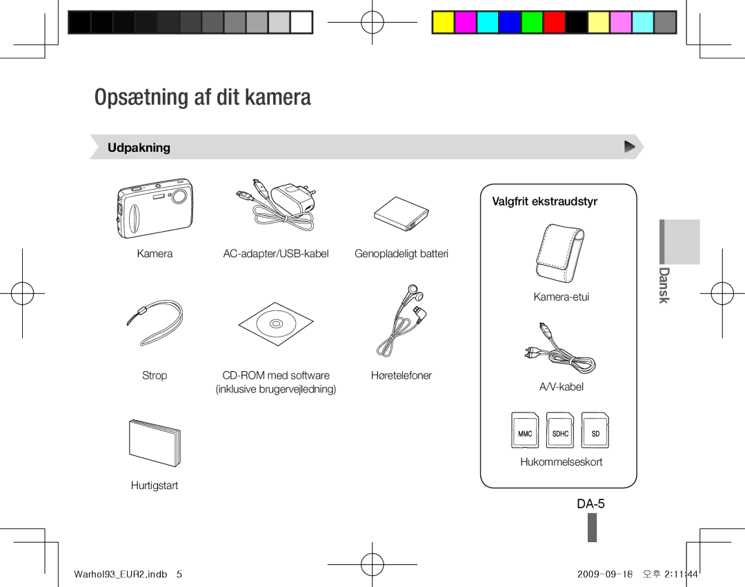 Samsung EC-PL10ZUBA/RU, EC-PL10ZRBP/FR, EC-PL10ZPBP/FR manual Opsætning af dit kamera, DA-5, Udpakning, Valgfrit ekstraudstyr 