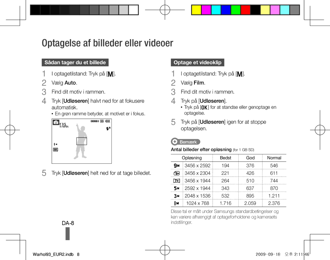 Samsung EC-PL10ZEBA/RU manual Optagelse af billeder eller videoer, DA-8, Sådan tager du et billede, Optage et videoklip 