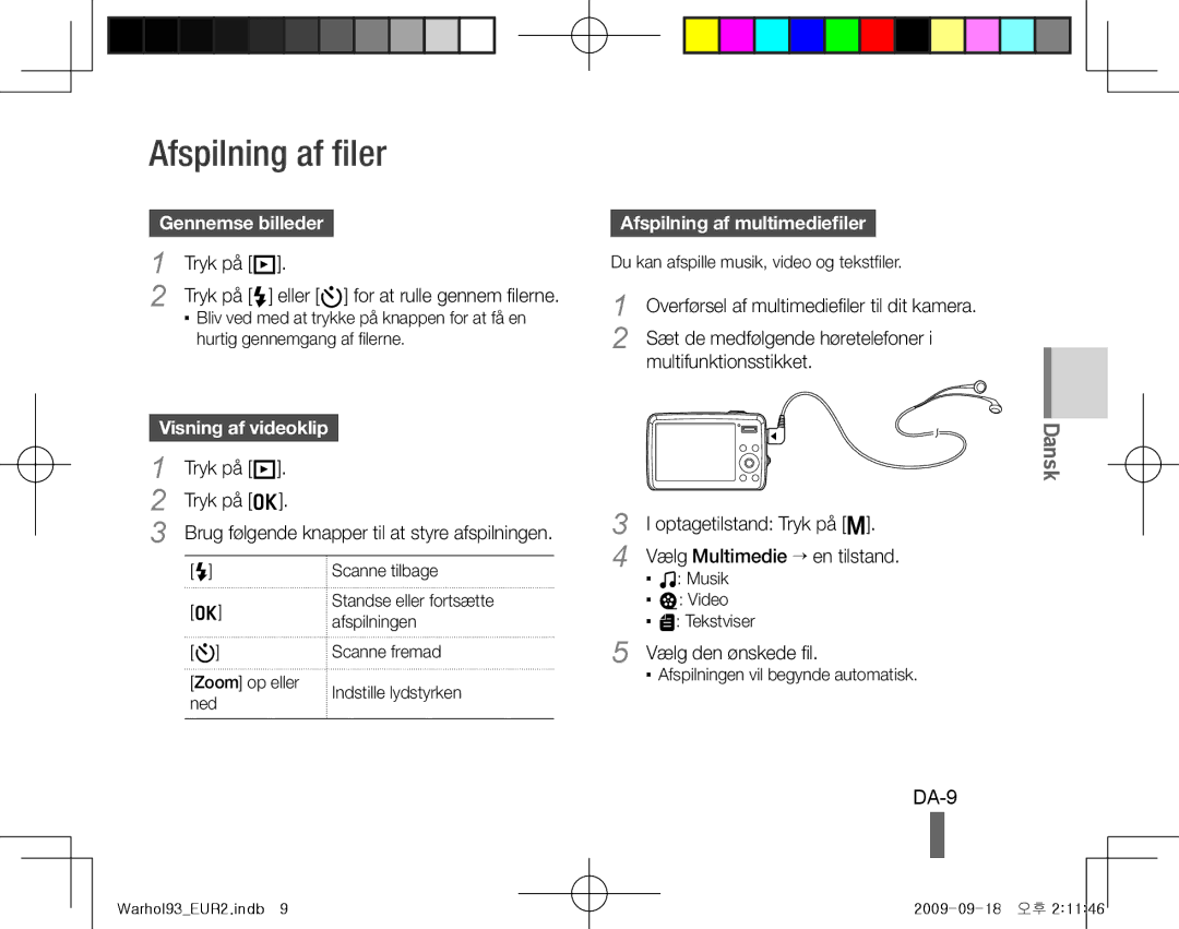 Samsung EC-PL10ZABA/RU, EC-PL10ZRBP/FR manual Afspilning af filer, DA-9, Gennemse billeder, Afspilning af multimediefiler 