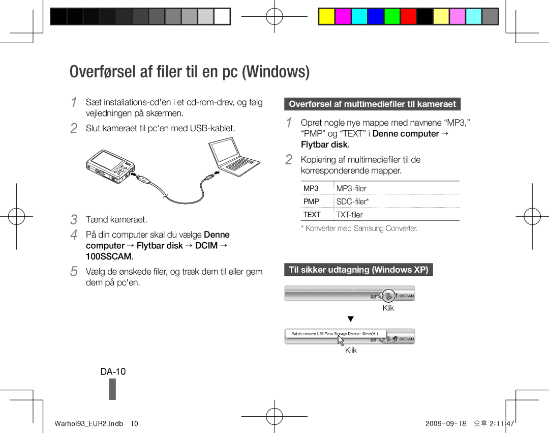 Samsung EC-PL10ZABP/E3 manual Overførsel af filer til en pc Windows, DA-10, Overførsel af multimediefiler til kameraet 