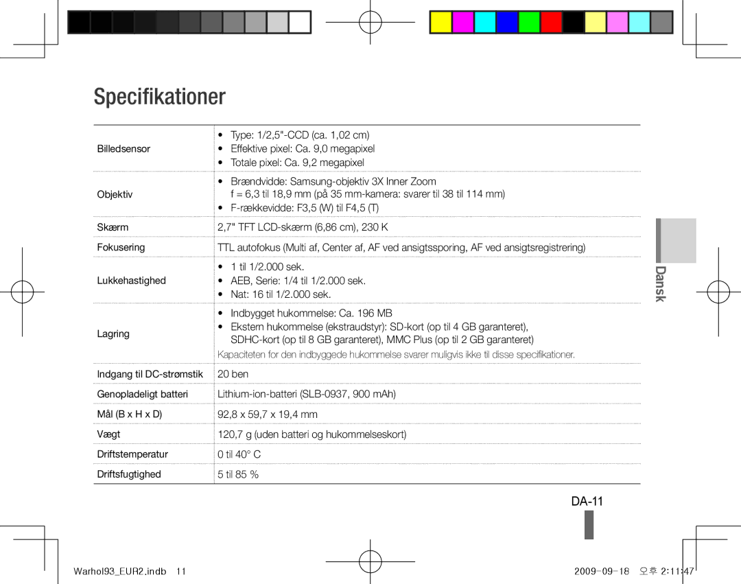 Samsung EC-PL10ZRBP/FR, EC-PL10ZPBP/FR, EC-PL10ZLBP/FR, EC-PL10ZSBP/IT, EC-PL10ZRBP/IT, EC-PL10ZABA/IT Specifikationer, DA-11 