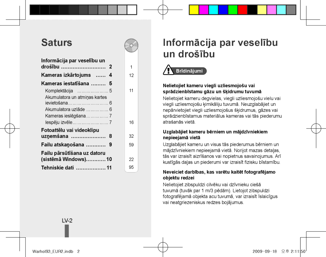 Samsung EC-PL10ZLBP/ME manual Saturs, Informācija par veselību un drošību, LV-2, Tehniskie dati… ………………, Brīdinājumi 