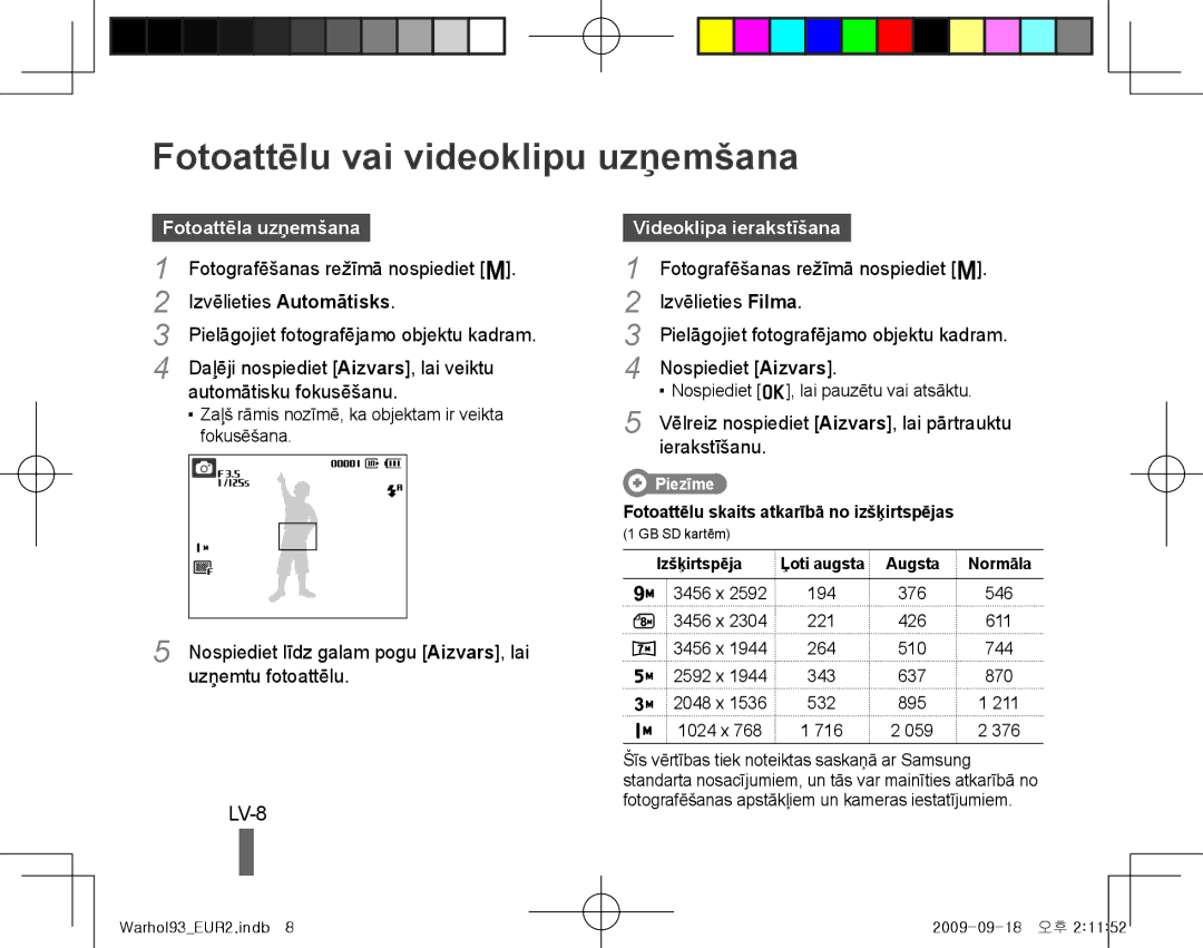 Samsung EC-PL10ZADP/ME manual Fotoattēlu vai videoklipu uzņemšana, LV-8, Fotoattēla uzņemšana, Videoklipa ierakstīšana 