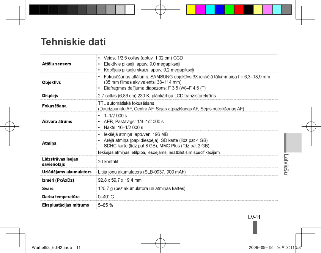 Samsung EC-PL10ZSBP/VN, EC-PL10ZRBP/FR, EC-PL10ZPBP/FR, EC-PL10ZLBP/FR, EC-PL10ZSBP/IT manual Tehniskie dati, LV-11, Svars 