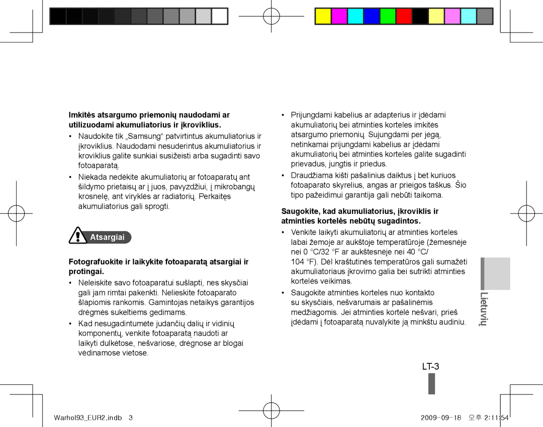 Samsung EC-PL10ZPBP/VN, EC-PL10ZRBP/FR, EC-PL10ZPBP/FR, EC-PL10ZLBP/FR, EC-PL10ZSBP/IT, EC-PL10ZRBP/IT manual LT-3, Atsargiai 