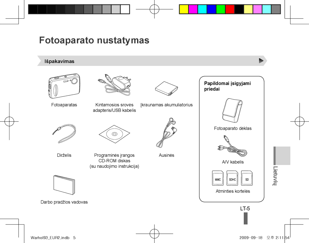 Samsung EC-PL10ZEBP/VN, EC-PL10ZRBP/FR manual Fotoaparato nustatymas, LT-5, Išpakavimas Papildomai įsigyjami priedai 