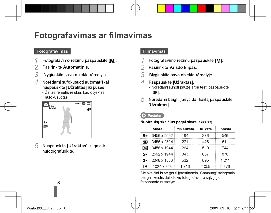 Samsung EC-PL10ZRBP/E3, EC-PL10ZRBP/FR, EC-PL10ZPBP/FR manual Fotografavimas ar filmavimas, LT-8, Filmavimas, Užraktas 