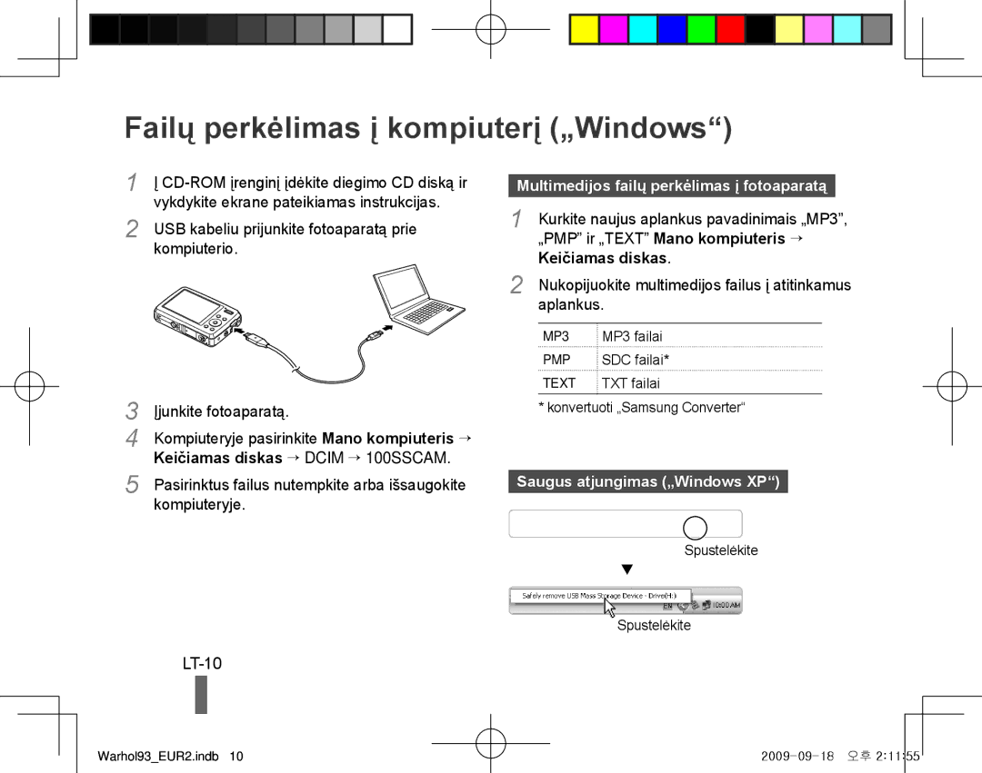 Samsung EC-PL10ZSBP/E3 manual Failų perkėlimas į kompiuterį „Windows, LT-10, Multimedijos failų perkėlimas į fotoaparatą 