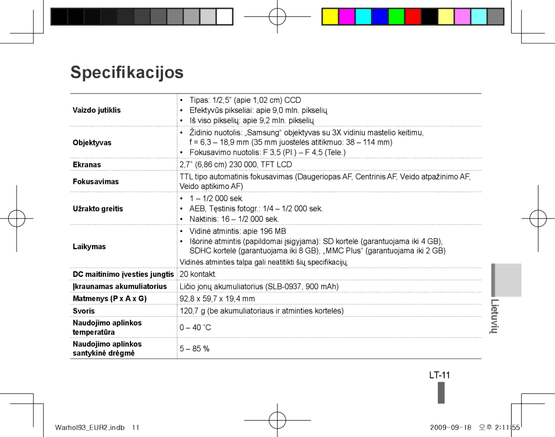 Samsung EC-PL10ZRBP/RU, EC-PL10ZRBP/FR, EC-PL10ZPBP/FR, EC-PL10ZLBP/FR, EC-PL10ZSBP/IT, EC-PL10ZRBP/IT Specifikacijos, LT-11 