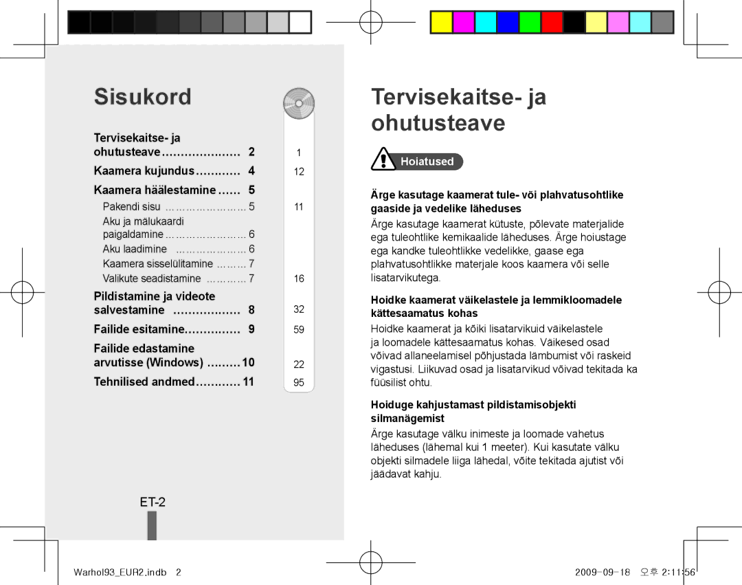 Samsung EC-PL10ZBBP/RU, EC-PL10ZRBP/FR, EC-PL10ZPBP/FR manual Sisukord, Tervisekaitse- ja ohutusteave, ET-2, Hoiatused 