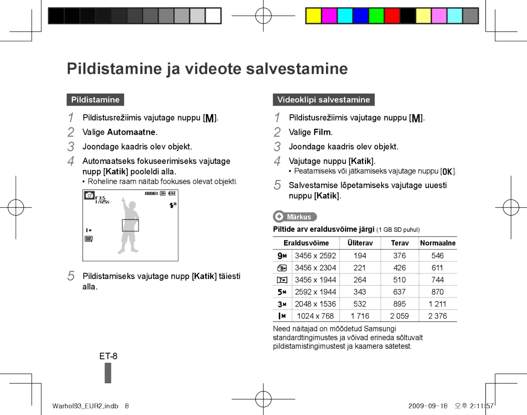 Samsung EC-PL10ZLBP/RU manual Pildistamine ja videote salvestamine, ET-8, Valige Automaatne, Videoklipi salvestamine 