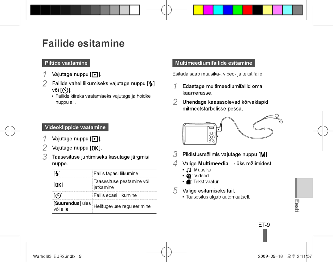 Samsung EC-PL10ZEBA/RU Failide esitamine, ET-9, Piltide vaatamine, Videoklippide vaatamine, Multimeediumifailide esitamine 