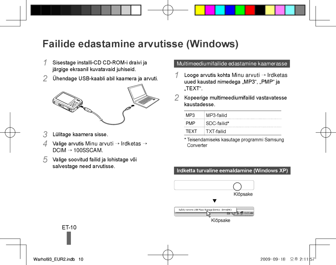 Samsung EC-PL10ZABA/RU manual Failide edastamine arvutisse Windows, ET-10, Multimeediumifailide edastamine kaamerasse 