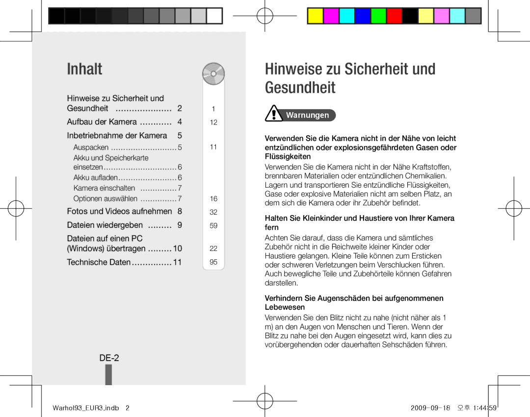 Samsung EC-PL10ZRDP/ME manual Inhalt, DE-2, Hinweise zu Sicherheit und Gesundheit… …………………, Dateien auf einen PC 