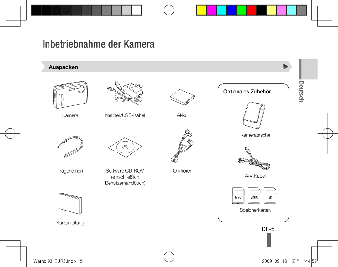 Samsung EC-PL10ZSBP/ME, EC-PL10ZRBP/FR manual Inbetriebnahme der Kamera, DE-5, Deutsch, Auspacken, Optionales Zubehör 