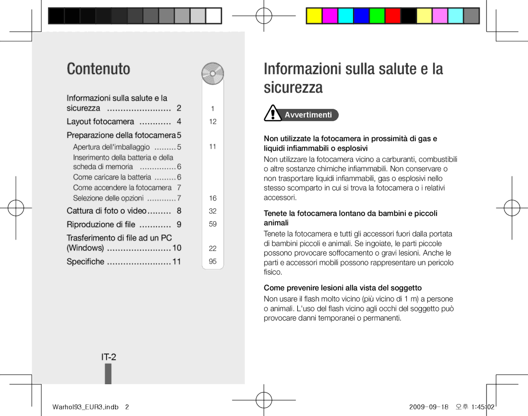 Samsung EC-PL10ZRBA/RU manual Contenuto, Informazioni sulla salute e la sicurezza, IT-2, Sicurezza… ……………………, Avvertimenti 