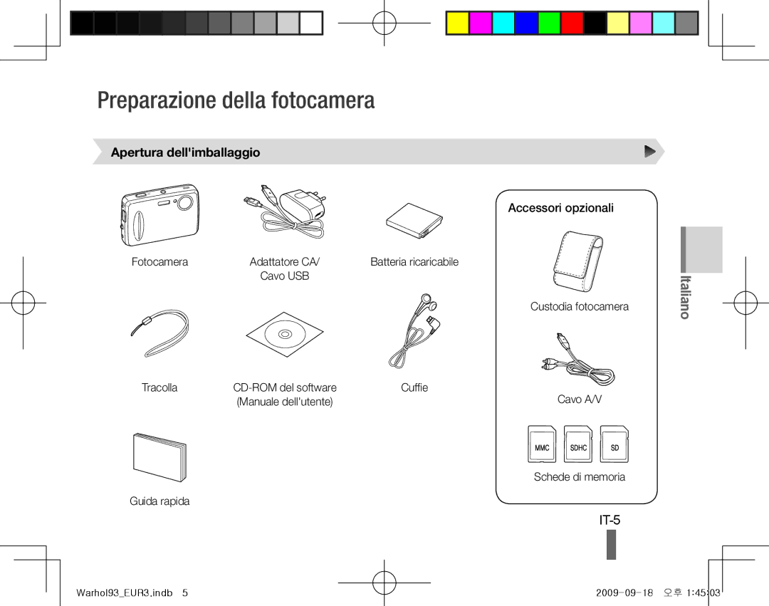 Samsung EC-PL10ZUBA/RU manual Preparazione della fotocamera, IT-5, Italiano, Apertura dellimballaggio, Accessori opzionali 