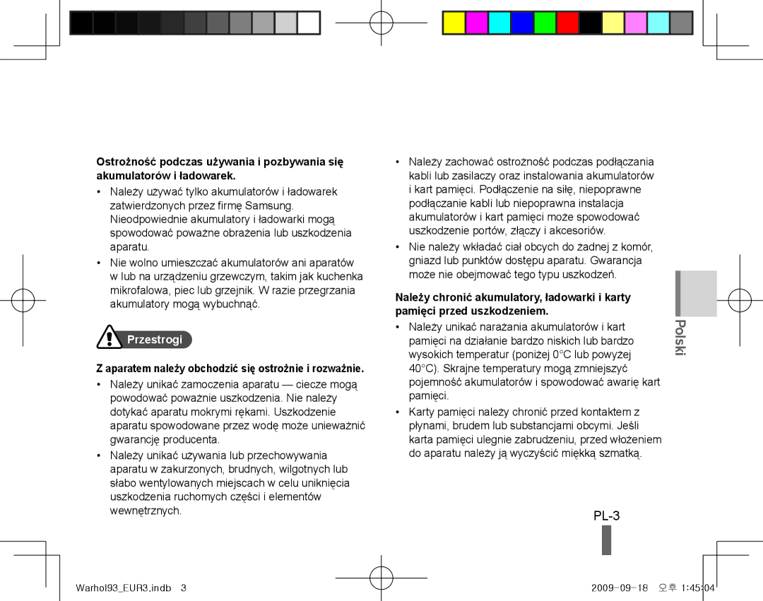 Samsung EC-PL10ZLBP/FR, EC-PL10ZRBP/FR, EC-PL10ZPBP/FR manual PL-3, Przestrogi, Należy unikać narażania akumulatorów i kart 