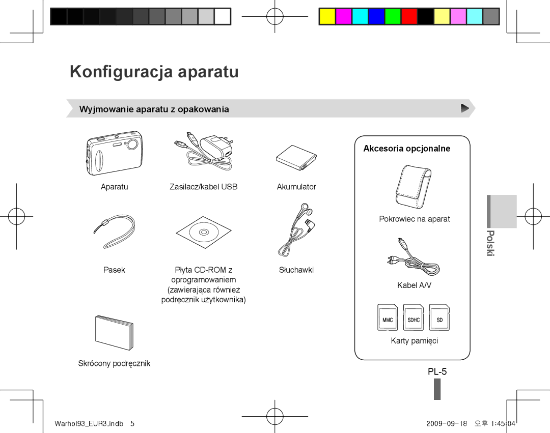 Samsung EC-PL10ZRBP/IT manual Konfiguracja aparatu, Polski, PL-5, Wyjmowanie aparatu z opakowania Akcesoria opcjonalne 