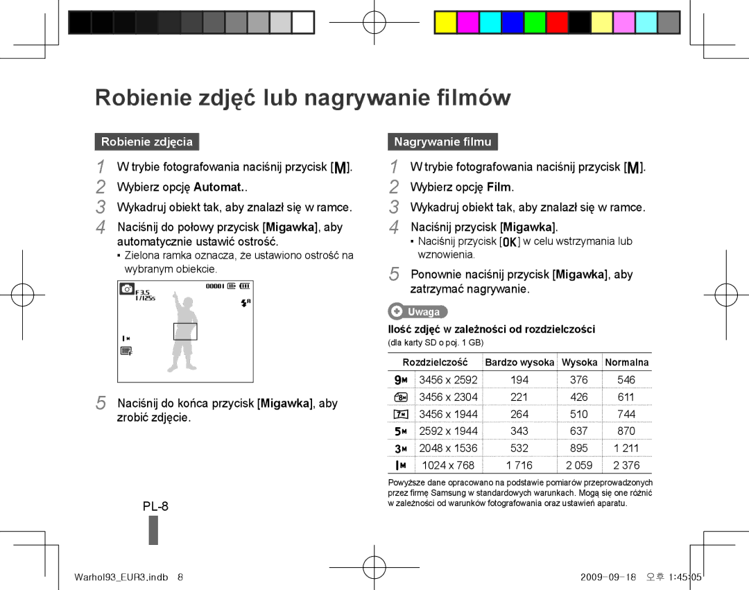 Samsung EC-PL10ZRBP/E1, EC-PL10ZRBP/FR manual Robienie zdjęć lub nagrywanie filmów, PL-8, Robienie zdjęcia, Nagrywanie filmu 