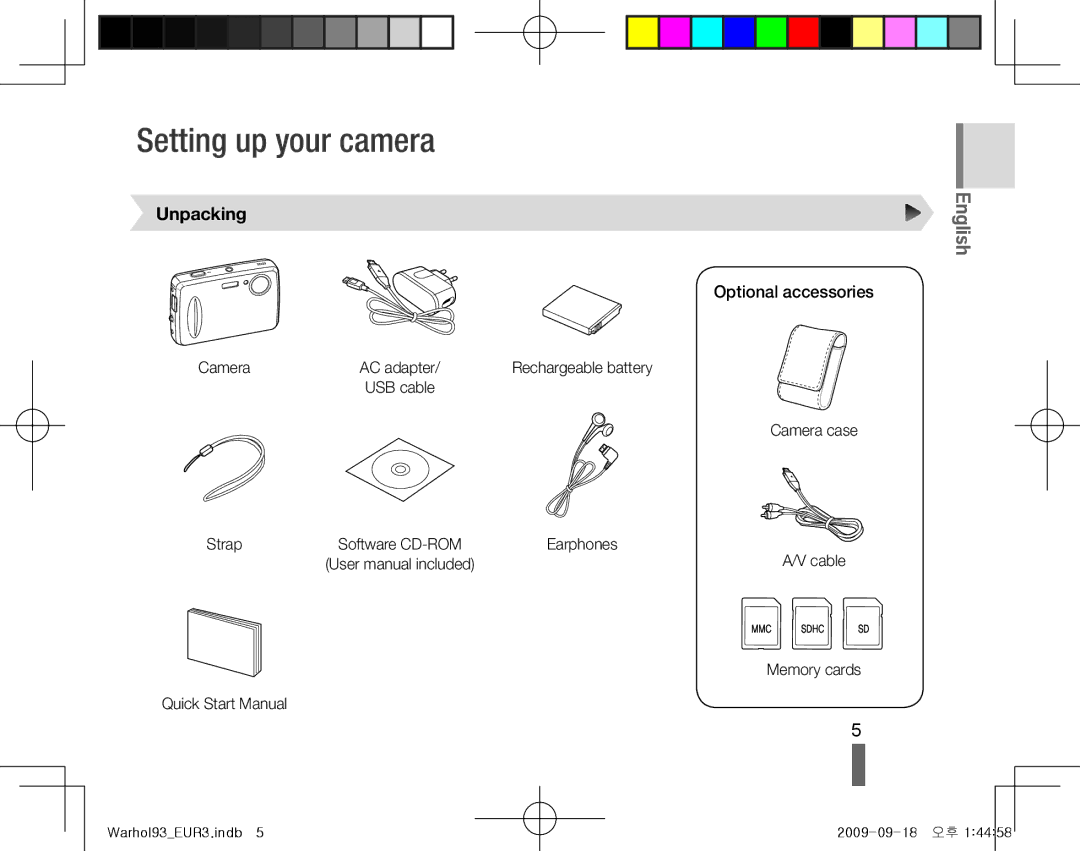 Samsung EC-PL10ZABA/IT, EC-PL10ZRBP/FR, EC-PL10ZPBP/FR manual Setting up your camera, Unpacking, Optional accessories 