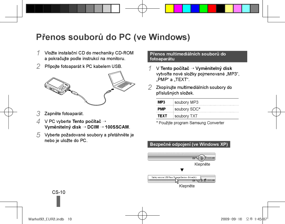 Samsung EC-PL10ZRBP/VN manual Přenos souborů do PC ve Windows, CS-10, Přenos multimediálních souborů do fotoaparátu 