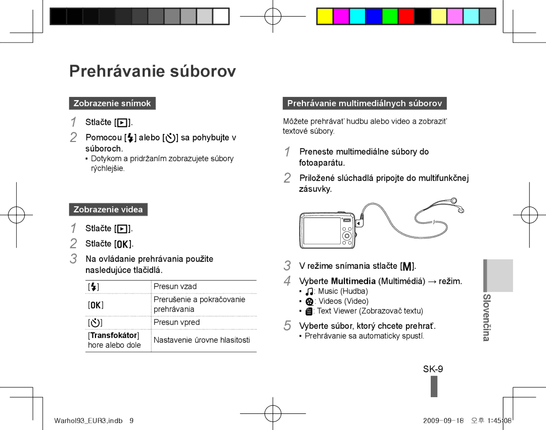 Samsung EC-PL10ZLBP/E3 Prehrávanie súborov, SK-9, Zobrazenie snímok, Zobrazenie videa, Prehrávanie multimediálnych súborov 