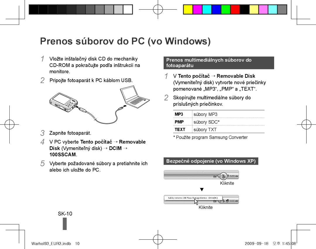 Samsung EC-PL10ZSBP/E3 manual Prenos súborov do PC vo Windows, SK-10, Prenos multimediálnych súborov do fotoaparátu 