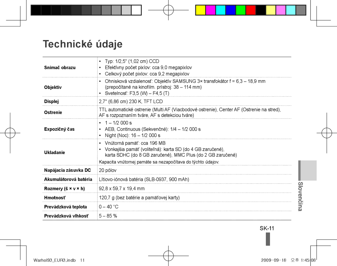 Samsung EC-PL10ZRBP/RU, EC-PL10ZRBP/FR, EC-PL10ZPBP/FR, EC-PL10ZLBP/FR, EC-PL10ZSBP/IT, EC-PL10ZRBP/IT Technické údaje, SK-11 