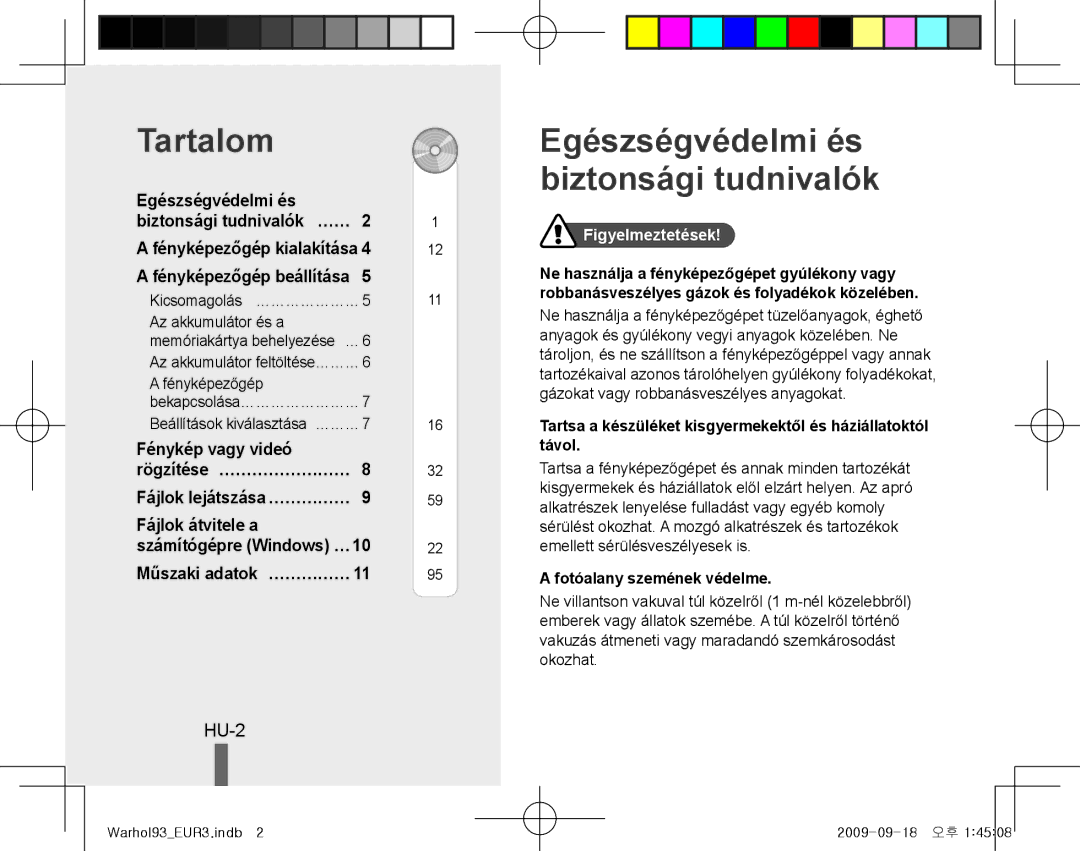 Samsung EC-PL10ZBBP/RU, EC-PL10ZRBP/FR, EC-PL10ZPBP/FR manual Tartalom, Egészségvédelmi és biztonsági tudnivalók, HU-2 