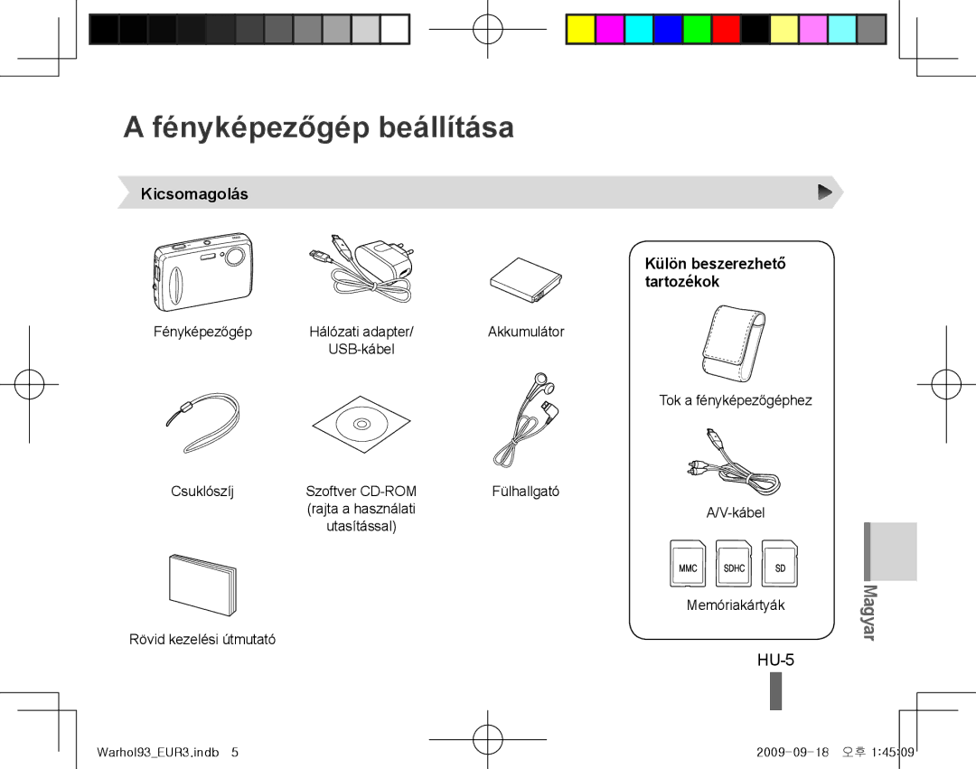 Samsung EC-PL10ZPBP/RU, EC-PL10ZRBP/FR manual Fényképezőgép beállítása, HU-5, Kicsomagolás, Külön beszerezhető tartozékok 