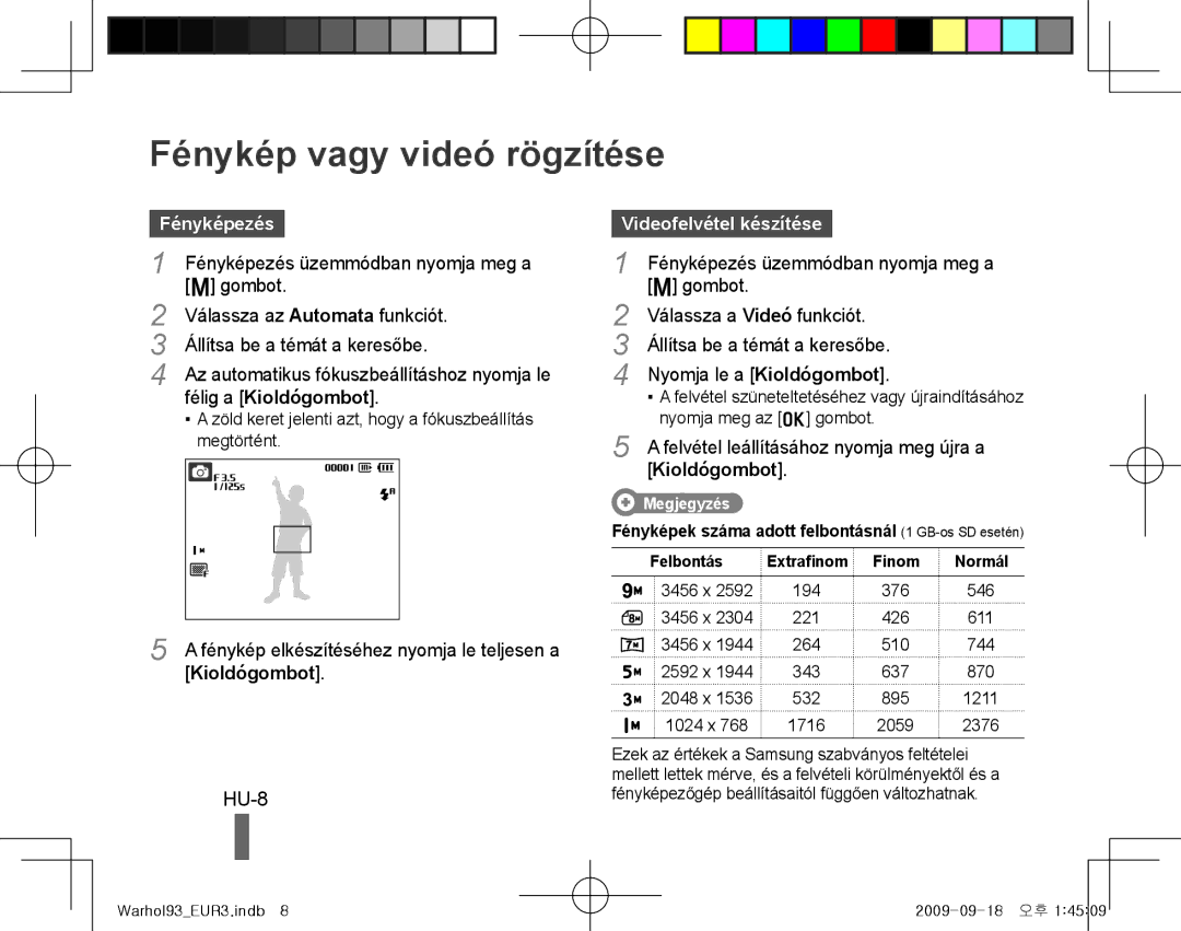 Samsung EC-PL10ZLBP/RU, EC-PL10ZRBP/FR manual Fénykép vagy videó rögzítése, HU-8, Fényképezés, Félig a Kioldógombot 