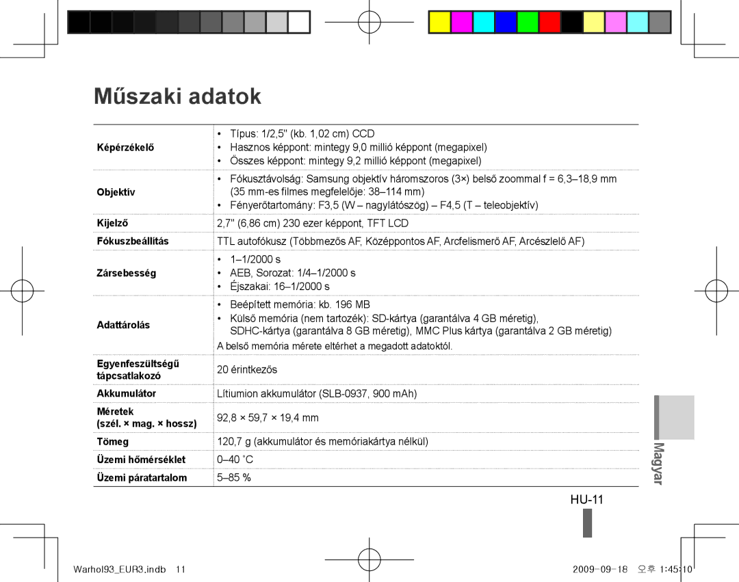 Samsung EC-PL10ZABP/E3, EC-PL10ZRBP/FR, EC-PL10ZPBP/FR, EC-PL10ZLBP/FR, EC-PL10ZSBP/IT, EC-PL10ZRBP/IT Műszaki adatok, HU-11 