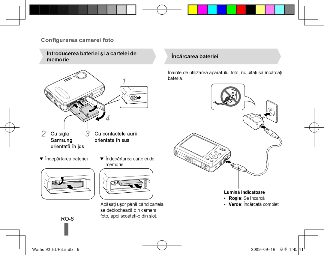 Samsung EC-PL10ZRBP/IT Configurarea camerei foto, RO-6, Introducerea bateriei şi a cartelei de memorie, Orientată în jos 