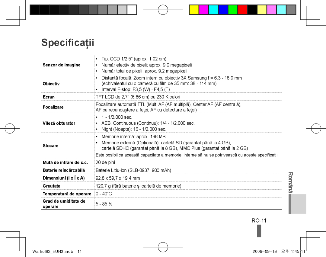 Samsung EC-PL10ZBBP/ME, EC-PL10ZRBP/FR, EC-PL10ZPBP/FR, EC-PL10ZLBP/FR, EC-PL10ZSBP/IT, EC-PL10ZRBP/IT Specificaţii, RO-11 