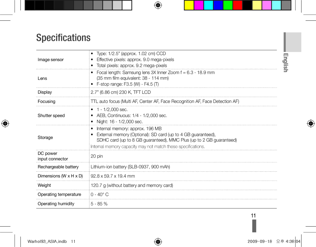 Samsung EC-PL10ZLBP/ME, EC-PL10ZRBP/FR, EC-PL10ZPBP/FR, EC-PL10ZLBP/FR, EC-PL10ZSBP/IT, EC-PL10ZRBP/IT manual Specifications 