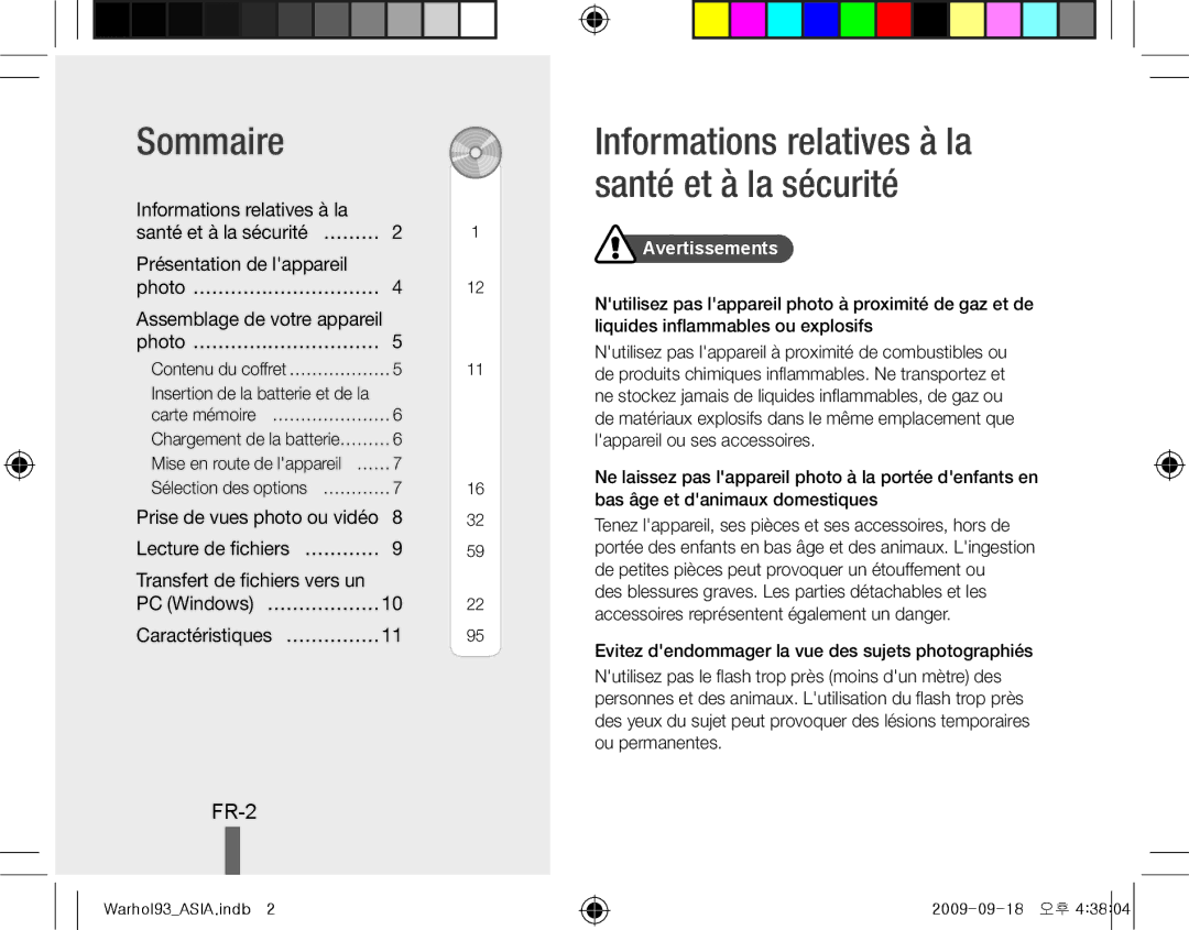 Samsung EC-PL10ZRDP/ME, EC-PL10ZRBP/FR Sommaire, Informations relatives à la santé et à la sécurité, FR-2, Avertissements 