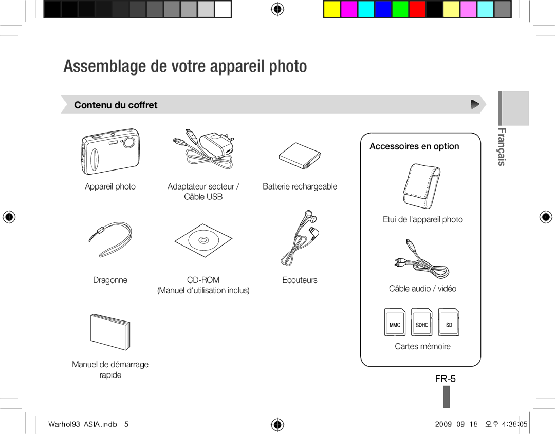 Samsung EC-PL10ZSBP/ME, EC-PL10ZRBP/FR Assemblage de votre appareil photo, FR-5, Contenu du coffret, Accessoires en option 