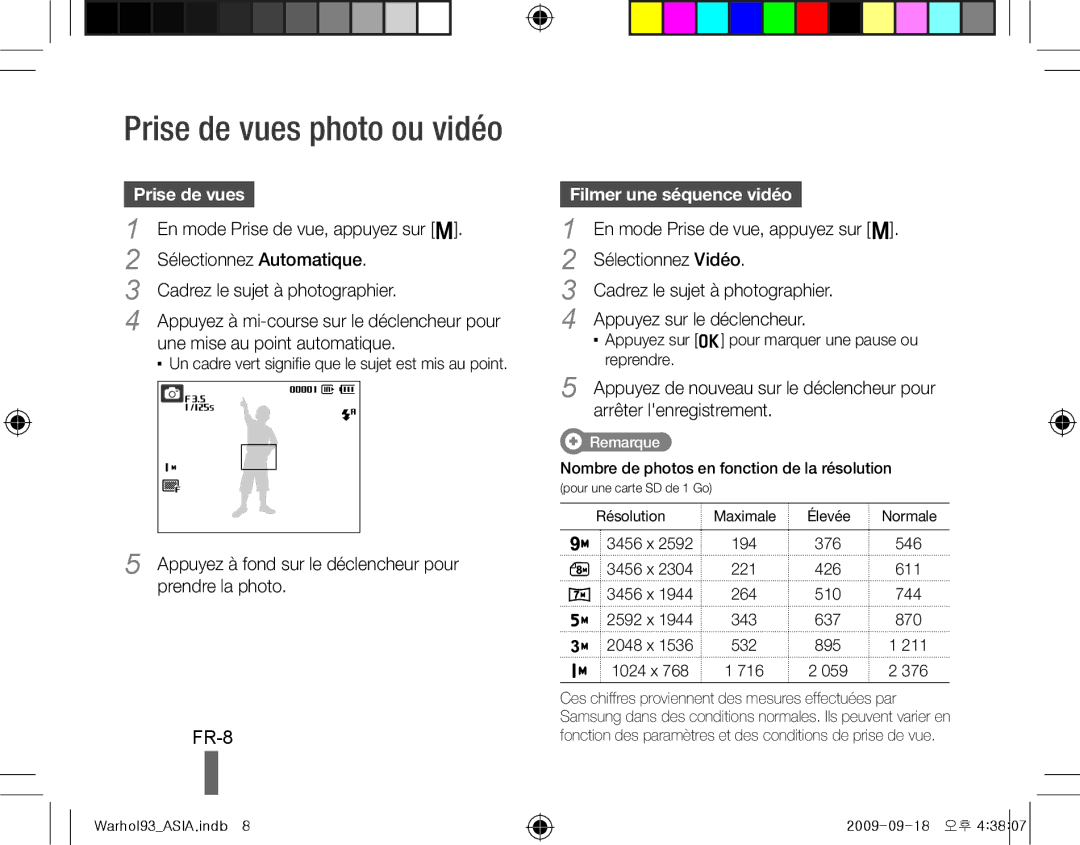 Samsung EC-PL10ZABP/VN, EC-PL10ZRBP/FR, EC-PL10ZPBP/FR, EC-PL10ZLBP/FR manual FR-8, Prise de vues, Filmer une séquence vidéo 