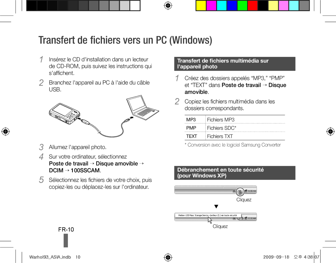 Samsung EC-PL10ZSBP/VN Transfert de fichiers vers un PC Windows, FR-10, Débranchement en toute sécurité pour Windows XP 